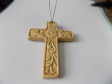 4 inch yellow ceramic textured cross ornament Daisy in center