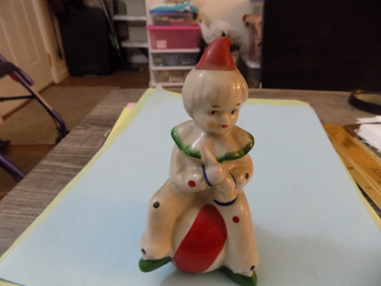 6 inch tall porcelain vintage clown sitting on a ball red hair polka dot suit TIG