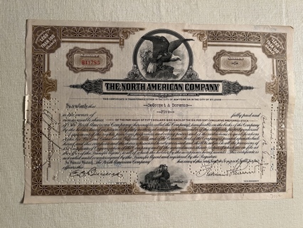 North American Company stock certificate 1925 light brown Train & Eagle Original Dow Jones stock