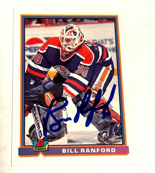 Autographed 1991-92 Bowman #101 Bill Ranford Edmonton Oilers-1988 &1990 – Stanley Cup Champion