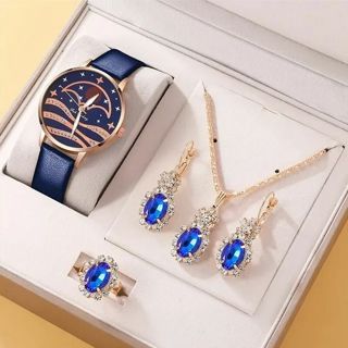 Set of 4 Women's Wristwatches Rings Earrings Necklaces Daily Fashion