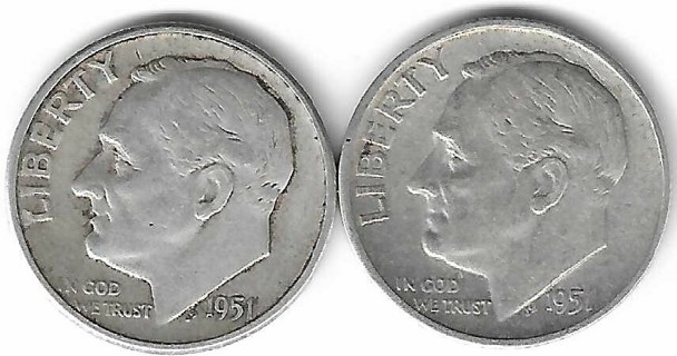 Vintage 1951 Roosevelt Dimes 90% Silver U.S. 10 Cent Coins