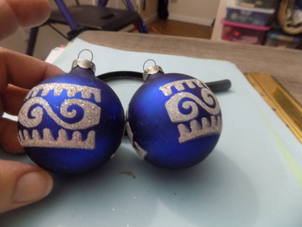 2 vintage blue Christmas ball ornament scroll & icicle design 2 1/ 2 inch