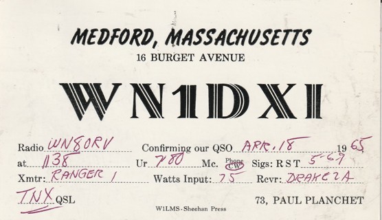 Vintage Used Postcard: e: Ham Radio Card, CB Radio Card, 1965 Medford, MA