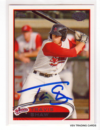 Travis Shaw, 2012 Topps Pro Debut AUTOGRAPH Card #195 Lowell Springers Boston Red Sox, (LB20)