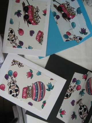 2 Hand crafted cards, cows flowers hearts balloons. 8"x5.5"