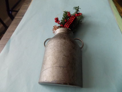 6 inch metal milk can double handle Christmas magnet, pine branch holly 7 plaid bow