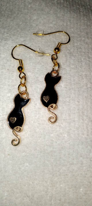 Black cat earrings gold over sterling ear wires