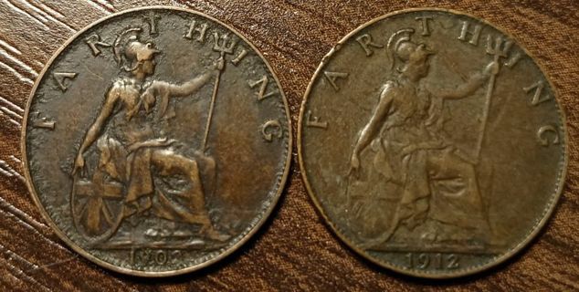 1902 & 1912 British Farthings Full bold dates!