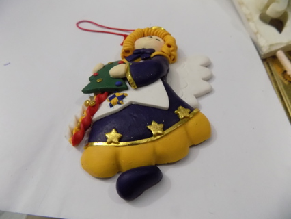 5 inch polymar clay angel ornament Navy blue gown trim in yellow  & white spiral curly blonde hair