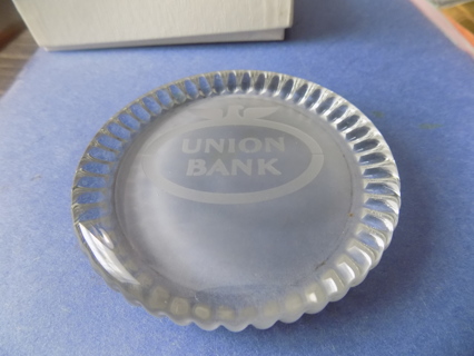 Vintage 4 inch round ribbed 1/2 inch thick paperweight in box, eagle and Union Bank etched on it