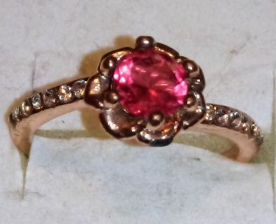 Pink Goldtone and Cubic Zirconia Solitaire Ring 9 3/4
