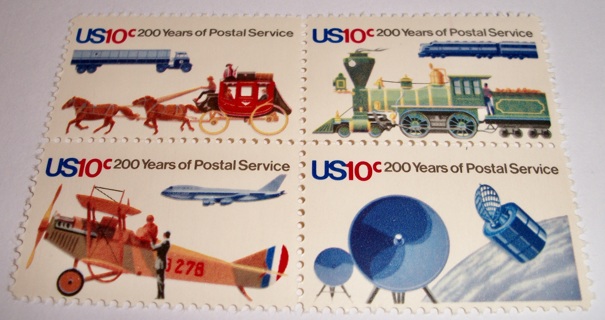 Scott #1572-75, 200 Years of Postal Service, Pane of 4 Useable 10¢ US Postage Stamps