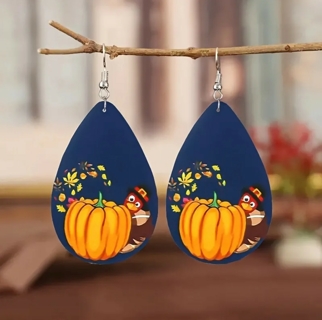 THANKSGIVING DOUBLE SIDED TURKEY AND PUMPKIN PU LEATHER EARRINGS STYLE 1 ONE PAIR