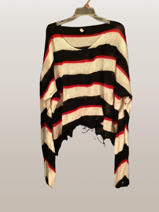 ROMWE Red/Black/White Striped Distressed Oversized Sweater / Ladies Size Large