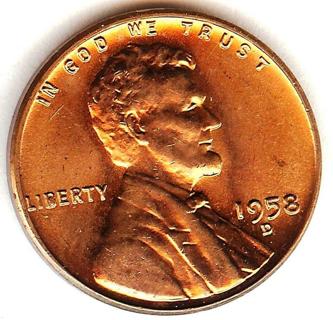 BU RED 1958-D LINCOLN WHEAT CENT From OBW
