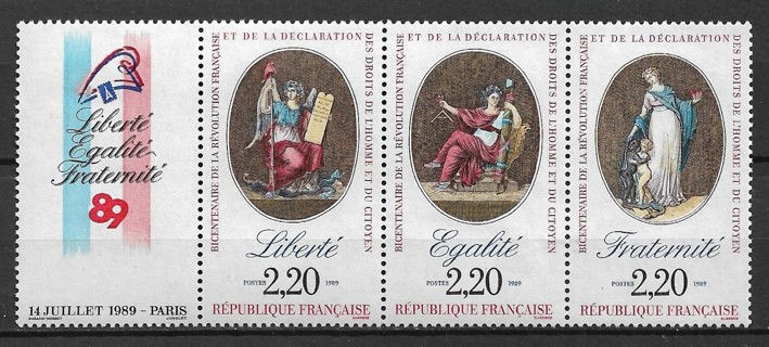 1989 France Sc2145a Bicentennial of the French Revolution MNH strip of 3 with label