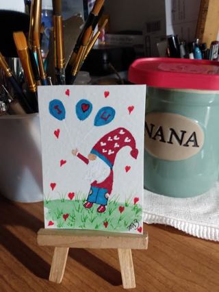 Original, " 2-1/2 X 3-1/2" ACEO Valentine Gnome Watercolor Painting by Artist Marykay Bond