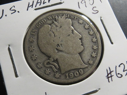 ★★ 1909-S BARBER HALF DOLLAR VG ★★ **90% SILVER** "BETTER DATE"