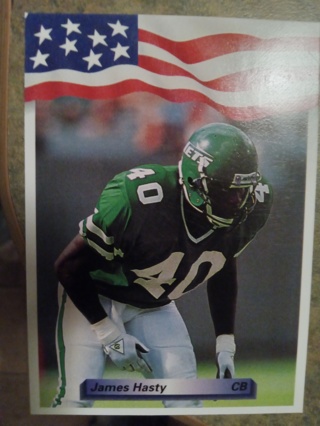 1982 AW SPORTS WITH AMERICAN FLAG JAMES HASTY NEW YORK JETS FOOTBALL CARD# 112