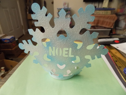 6 inch tall white and blue sparkly metal cut out snowflake votive candle holder NOEL # 1