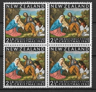 1963 New Zealand Sc359 Holy Family by Titian MNH block of 4