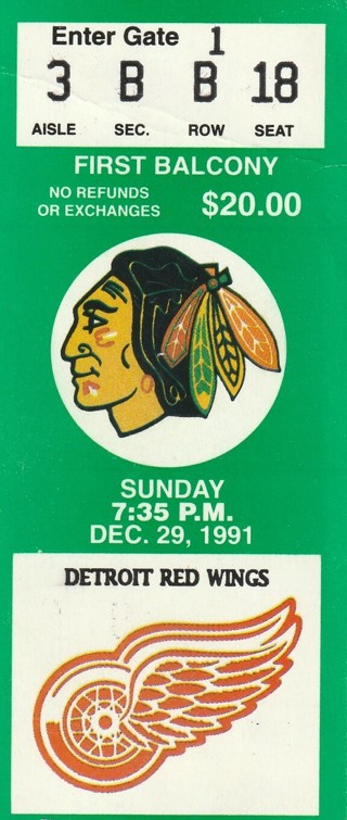 Chicago Blackhawks vs Detroit Red Wings Ticket stub  from 12/29/1991