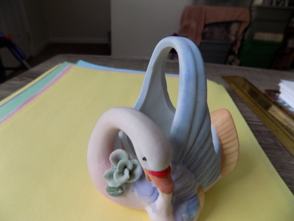 4 inch tall pink mama swan and baby bisque porcelain basket 3D green resin,blue flower trim