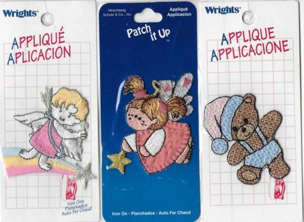 3 NEW in PACKAGE Wrights APPLIQUES for TODDLER CLOTHING or CRAFTS ~ Angels & Teddy Bear