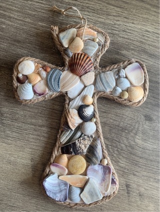 Shell Encrusted Wooden Cross Wall Hanging Decor