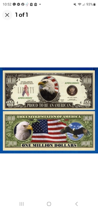 1 proud to be an american 1 in a million dollar bill novelty play funny fake money W/Sleeve