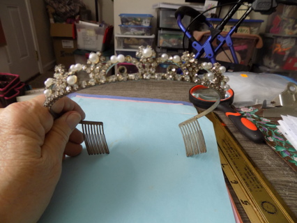 Pearl and Rhinestones Princess Tiara mounted on silvertone band, & hair combs