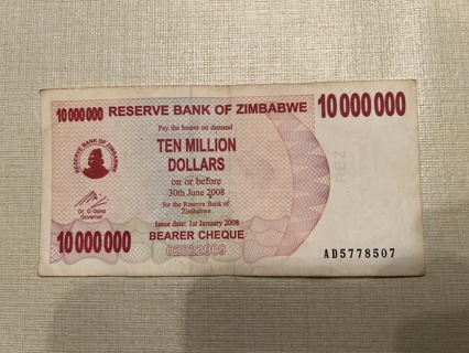 Zimbabwe $10,000,000 bill bearer check January 2008