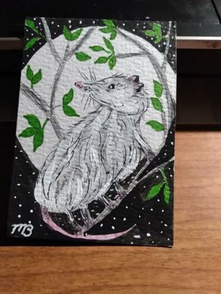 ACEO Original, Watercolor Painting 2-1/2"X 3/1/2" Opossum by Artist Marykay Bond