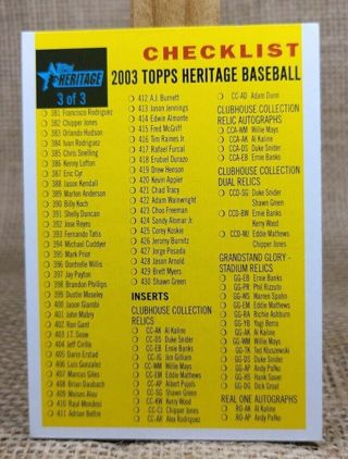 2003 Topps Heritage Baseball Checklist 3 of 3 MLB Unused