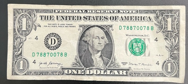 One Dollar Bill with repeater #'s 7's, 8's and 0's