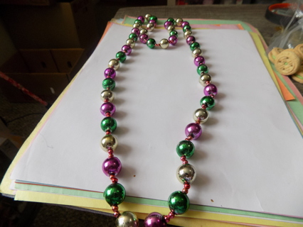 Necklace long strand large bead purple, green silver & gray with 2 red E beads between each bead