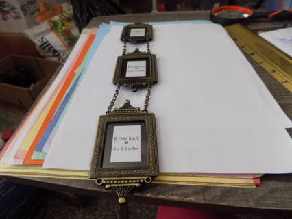 Set of 3 brass wallhanging Bombay mini picture frames chained together 15 inch long