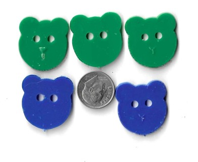 5 Teddy Bear Head buttons - blue and green mix