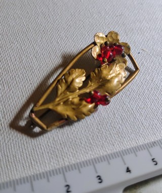 Vintage Art Deco Floral Brooch Pin Red Bead Flowers Gold Tone Estate 5"