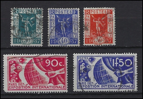 1937 France stamps, Paris Exposition (5), U/VF, Scott #s 316-320
