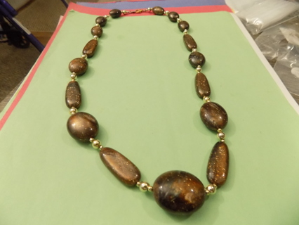 Vintage necklace long brown oval and round beads with gold beads between them