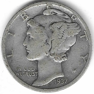 1937 Mercury Dime 90% Silver U.S. 10 Cent Coin