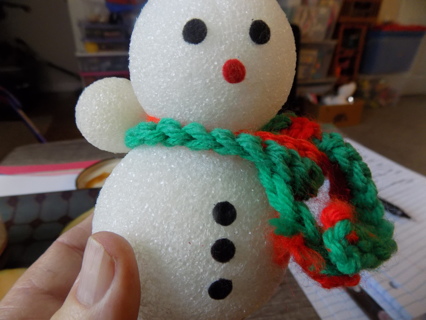 5 inch tall styrofoam snowman in red and green knit scarf
