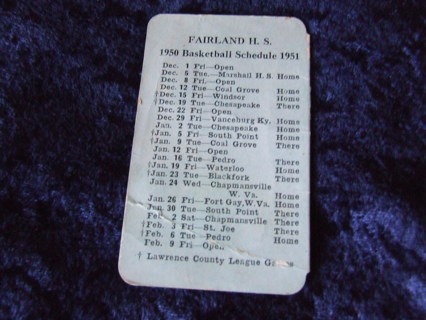 1950-51 Fairland Ohio HS Season Basketball Pocket Schedule 