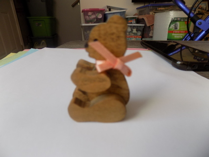 Wooden 2 inch tall cut out sitting up teddy bear peach ribbon on neck