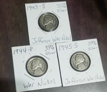 3 ~ War Nickels ☆1943-S, 1944, 1945-S☆ 35% Silver vintage US coins