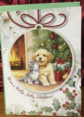 Kitten and Puppy by Fireplace Christmas Card