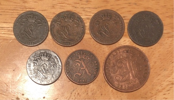 Set of Seven Antique Belgium Coins