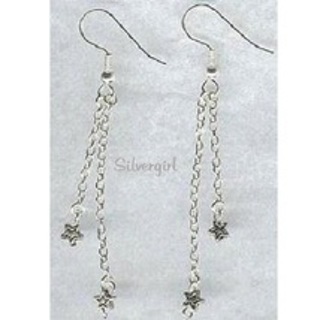 Long Silver Star Dangle Chain Earrings